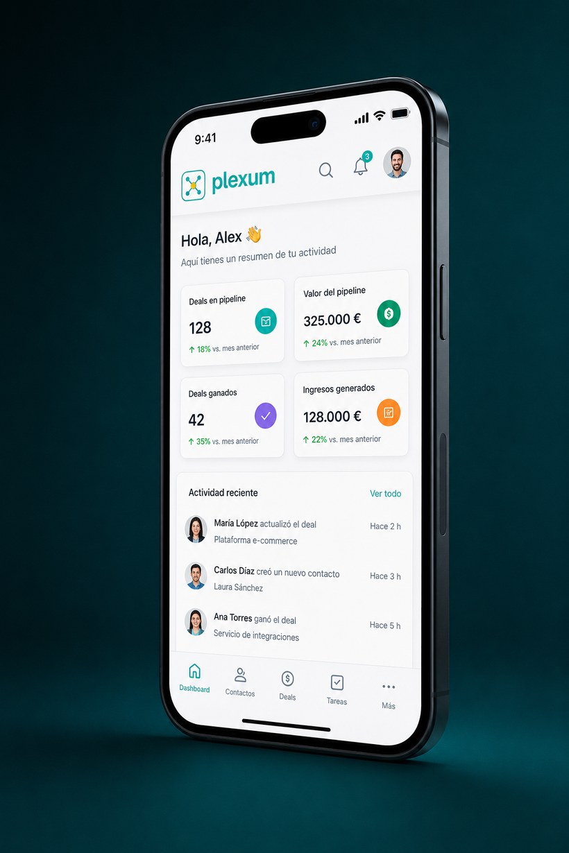 App móvil Plexum — dashboard principal
