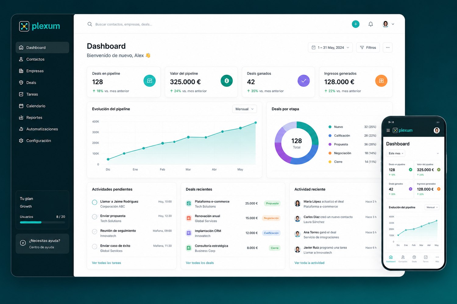 Dashboard CRM de Plexum — pipeline de ventas visual Kanban